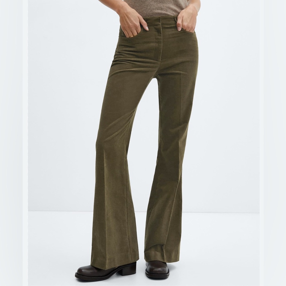 Mango Velvety Olive Green Flared Pants